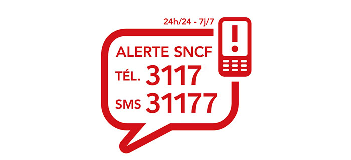 Bulle de couleur rouge contenant le texte : ALERTE SNCF TÉL. 3117 / SMS 31177. Au-dessus, un texte précise 24h24 - 7j/7. Thème de l'article contre les violences sexistes et sexuelles.