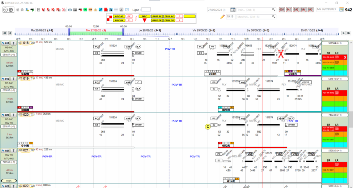 Capture d'écran représentant la gestion du parc matériel de la ligne R, notamment avec les 9 nouvelles rames.