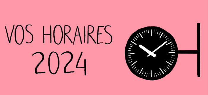 Texte "vos horaires 2024" accompagné d'une horloge pour le service annuel 2024