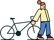 Picto d'une personne accompagnée de son vélo pour illustrer l'article sur les ateliers vélo.