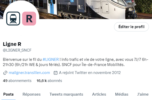 Pour illustrer quelques dates marquantes des 20 ans de la ligne R : une capture d'écran du fil 𝕏 (anciennement Twitter) créé en 2012.