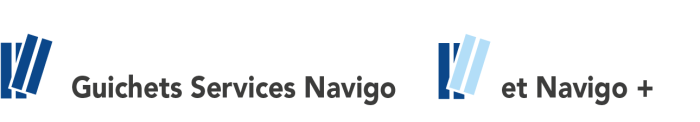 Pictogramme représentant un ticket de transport accompagné d'un texte où est écrit "Guichets Services Navigo". À côté, un autre picto représentant un ticket de transport accompagné d'un texte où est écrit "et Navigo +".