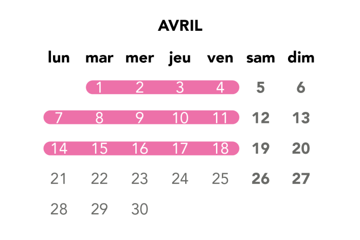 Image du calendrier du mois d'avril pour les travaux de journée en semaine.