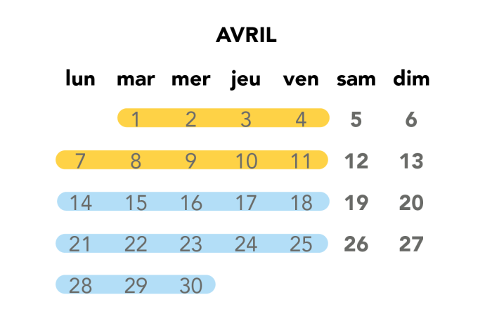 Image du calendrier du mois d'avril pour les travaux de soirée en semaine.