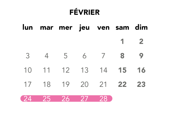 Image du calendrier du mois de février pour les travaux de journée en semaine.