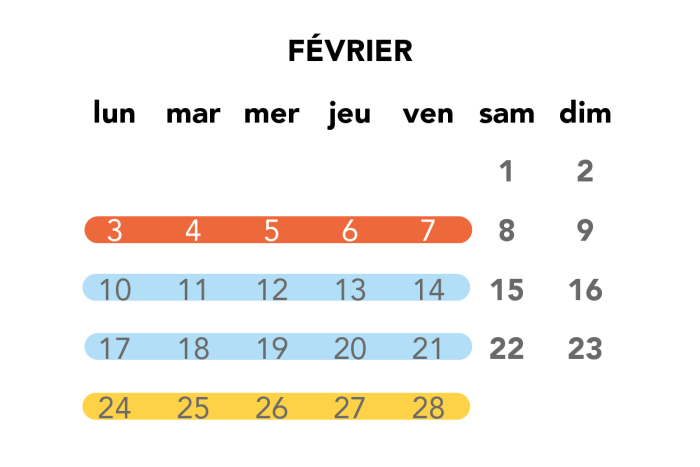 Image du calendrier du mois de février pour les travaux de soirée en semaine.