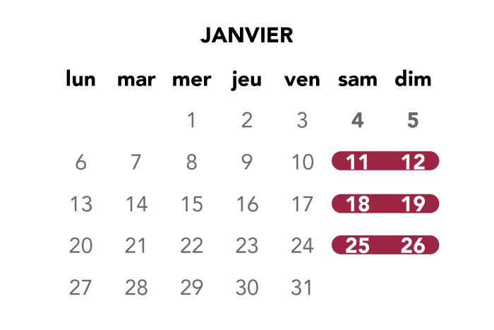 Image du calendrier du mois de janvier pour les travaux du week-end.