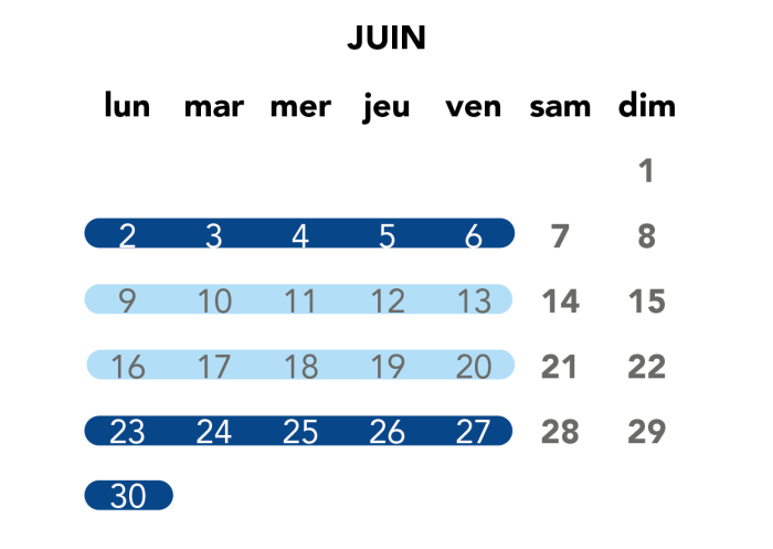 Image du calendrier du mois de juin pour les travaux de soirée en semaine.