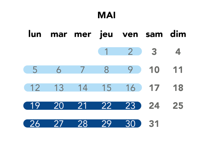 Image du calendrier du mois de mai pour les travaux de soirée en semaine.