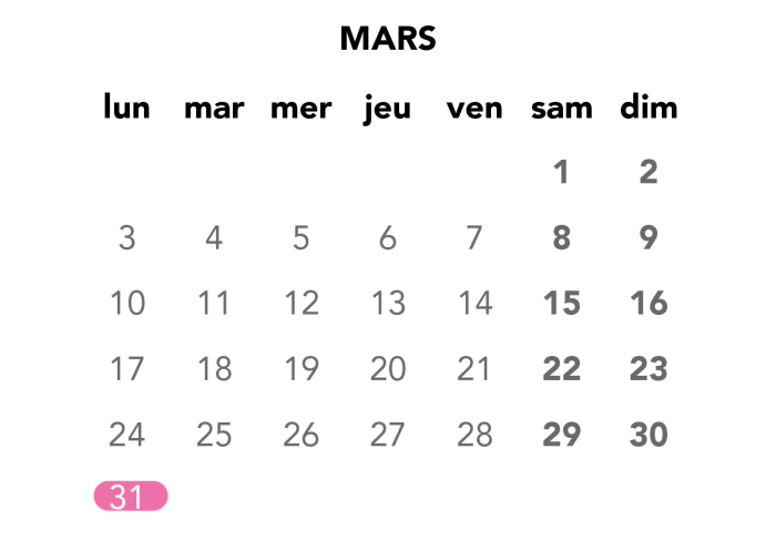 Image du calendrier du mois de mars pour les travaux de journée en semaine.