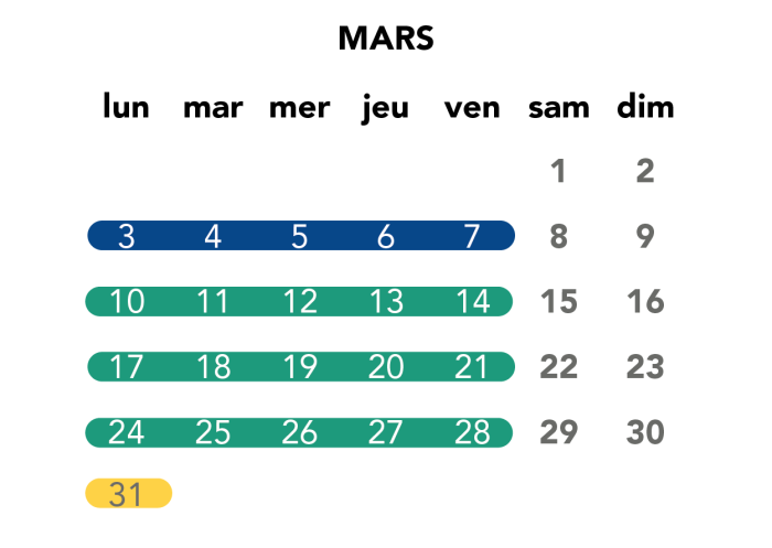 Image du calendrier du mois de mars pour les travaux de soirée en semaine.