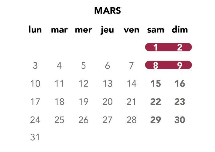 Image du calendrier du mois de mars pour les travaux du week-end.