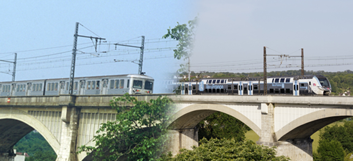 Photo représentant 2 matériels de la ligne R : les anciens Z 5300 et les actuels Regio 2N.