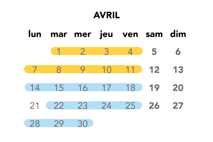 Image du calendrier du mois d'avril pour les travaux de soirée en semaine.