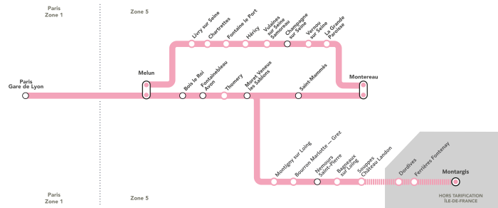 Pour vous aider à trouver le bon titre de transport à utiliser pour votre voyage sur la ligne R : une carte des zones tarifaires & limite de la région Île-de-France sur la Ligne R.