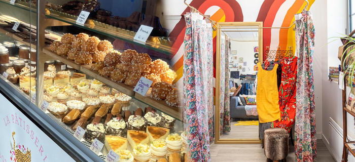 Pour illustrer 2 projets déployés grâce au programme Gares de Demain : une photo de la chocolaterie/pâtisserie ouverte en gare de Saint-Mammès et une photo de la friperie ouverte en gare de Bourron Marlotte – Grez.