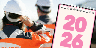 Pour illustrer le billet des 6 premiers mois de travaux de l'année 2026 : une photo d'agents SNCF Réseau photographiés de dos et une illustration d'un calendrier sur lequel il est inscrit "2026".