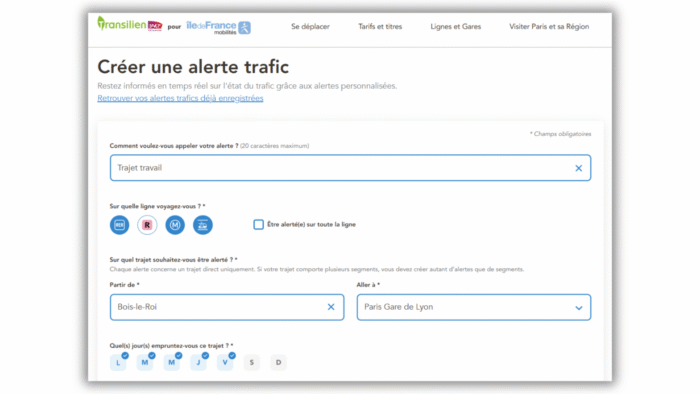 Capture d'écran pour créer une alerte trafic pendant le service annuel 2026