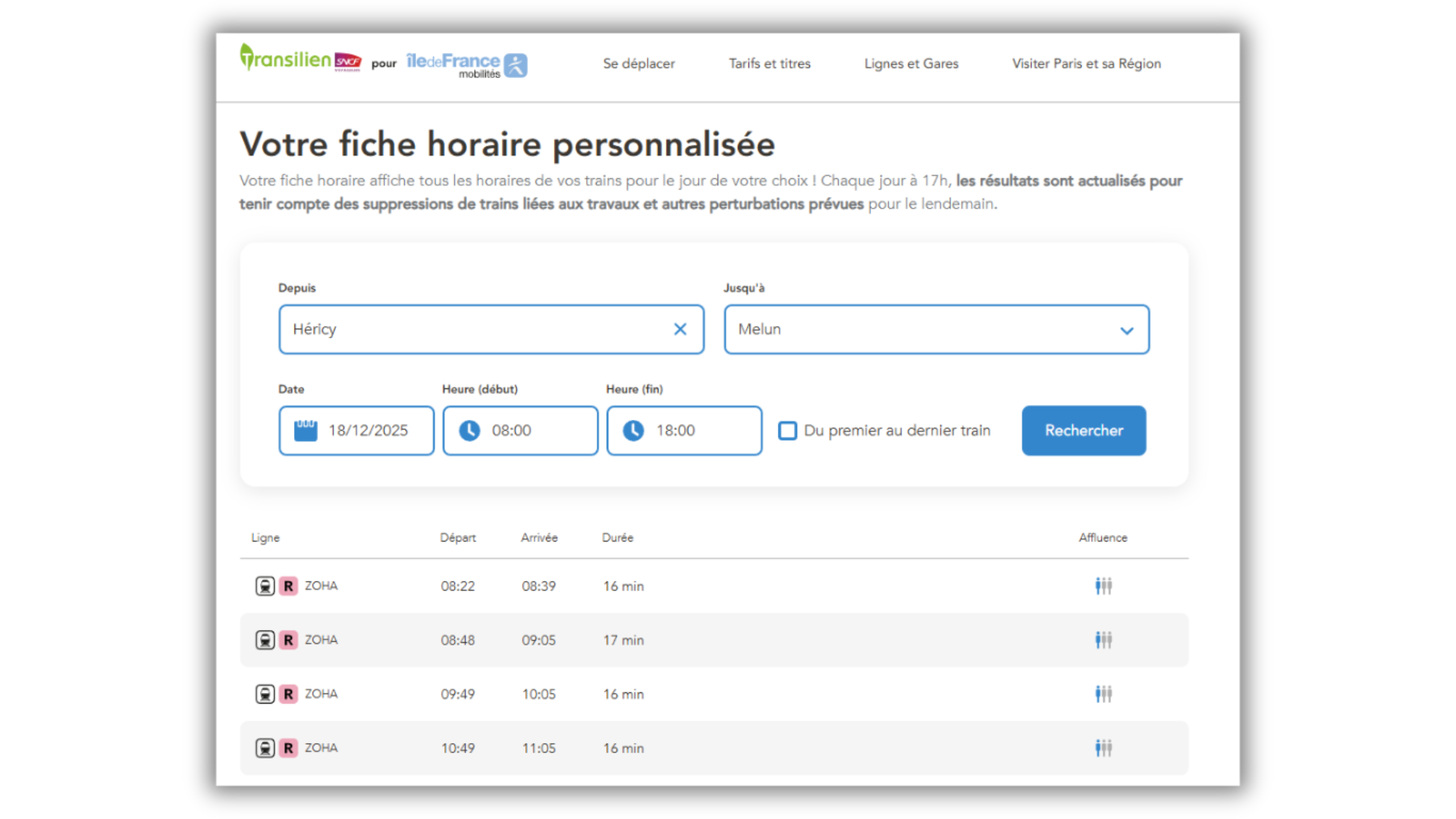 Capture d'écran pour générer une fiche horaire personnalisée pendant le service annuel 2026
