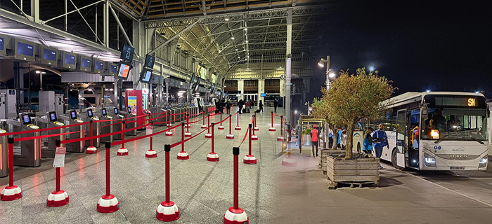 Photo du nouveau dispositif pour accéder aux bus de remplacement à Paris Gare de Lyon avec les files dans le hall 2 et la vue de la gare routière.