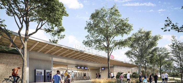 Image 3D de l'accès sud de la gare de Melun (du futur Pôle gare de Melun), vue depuis la rue Séjourné. Crédit AREP.