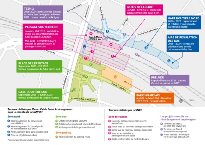 Carte du projet du pôle gare de Melun avec les dates de réalisation des différents travaux.