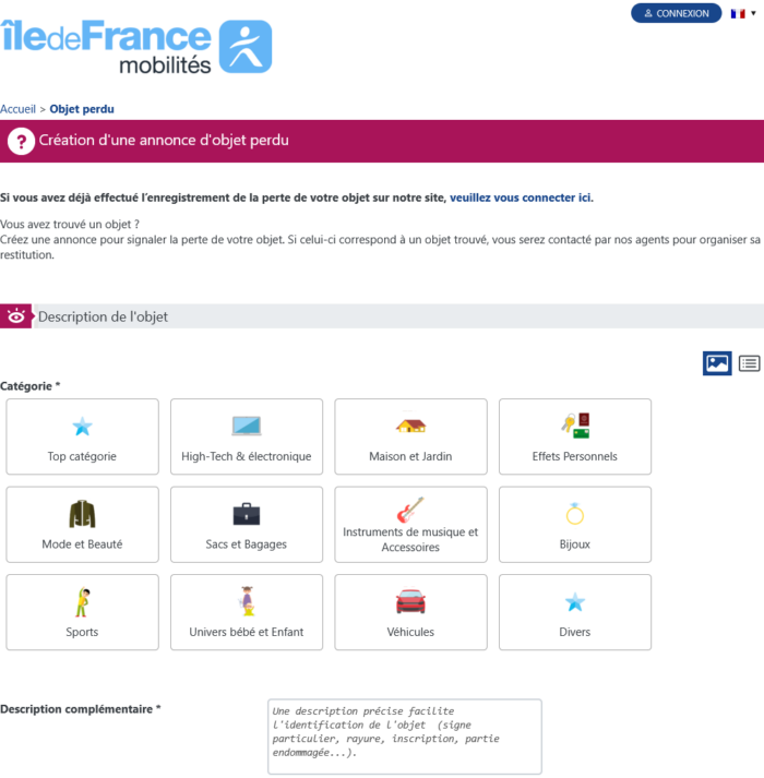 Pour illustrer le sujet objet perdu : capture d'écran de la plateforme d'objets trouvés du site d'Île-de-France Mobilités. 1ère étape : descriptif de l'objet.