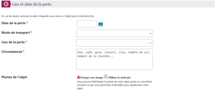 Pour illustrer le sujet objet perdu : capture d'écran de la plateforme d'objets trouvés du site d'Île-de-France Mobilités. 2e étape : lieu et date de la perte.
