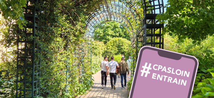 Pour illustrer les sorties accessibles avec la Ligne R : une photo de la coulée verte René-Dumont en arrière plan. Au premier plan, une illustration d'un téléphone mobile sur lequel il est écrit #CPASLOINENTRAIN.