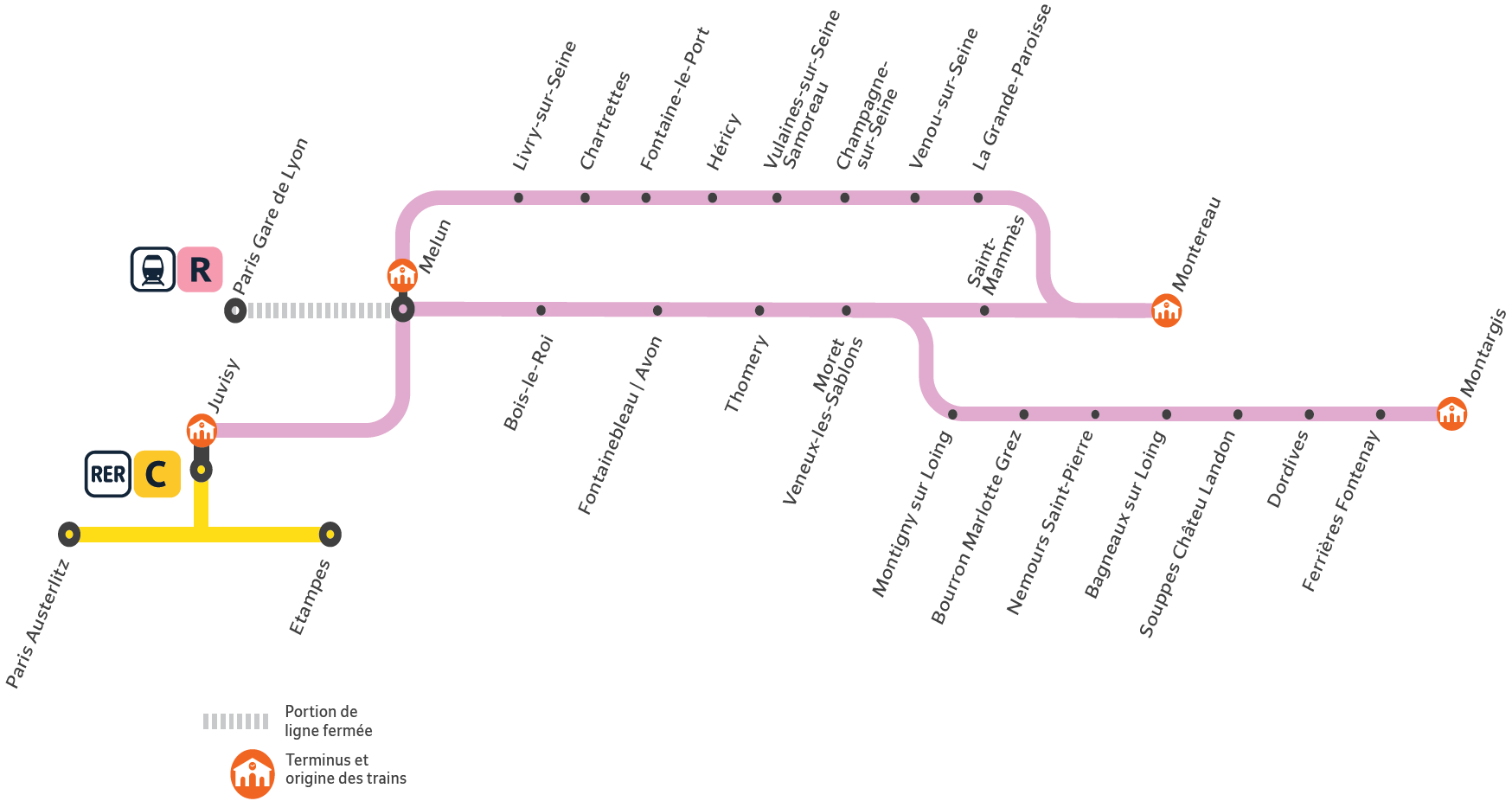 Plan des interruptions prévues durant le week-end du 1er mai 2026 sur la Ligne R.