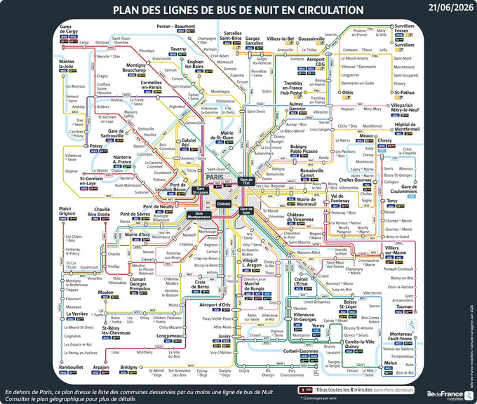 Plan des bus de nuit qui circuleront durant la Fête de la musique 2026.