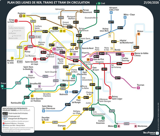 Plan des trains, des trams et des RER qui circuleront durant la Fête de la musique 2026.