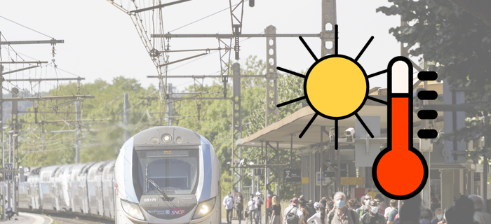Une photo représentant un train de la Ligne R, accompagné d'une illustration d'un soleil et d'un thermomètre.