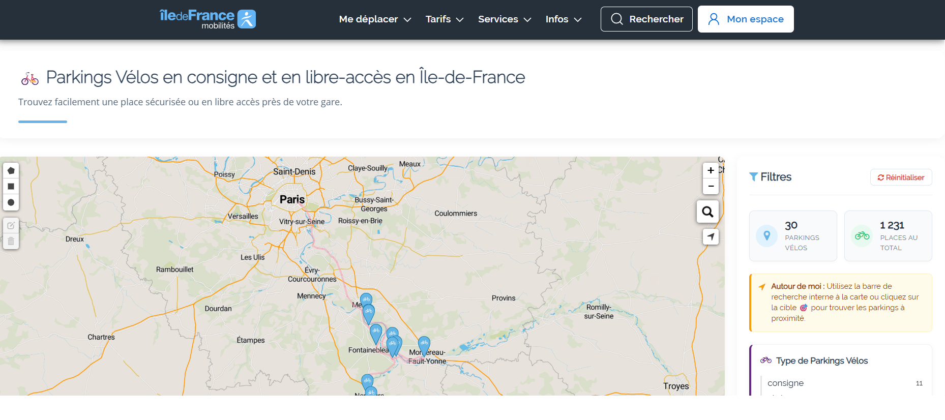 Capture d'écran de la page de la carte des parkings vélos sur le site d’Île-de-France Mobilités.
