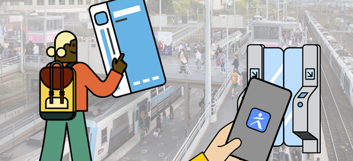Pour représenter la rentrée et 3 idées de titres de transport : illustration représentant un personnage qui porte un cartable et montre du doigt une carte Navigo. Puis une illustration d'une main tenant un smartphone avec le logo Île-de-France Mobilités et validant son titre de transport sur une borne en gare.