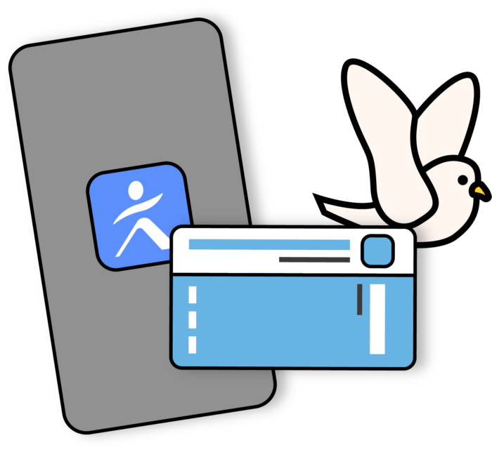Pour représenter la rentrée et 3 idées de titres de transport : illustration d'un smartphone avec le logo Île-de-France Mobilités, d'une passe Navigo Liberté + et d'une colombe blanche.