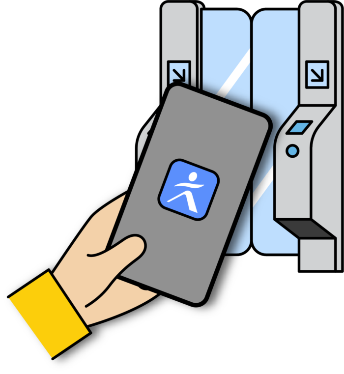 Pour représenter la rentrée et 3 idées de titres de transport : illustration d'une main tenant un smartphone avec le logo Île-de-France Mobilités et validant son titre de transport sur une borne en gare.