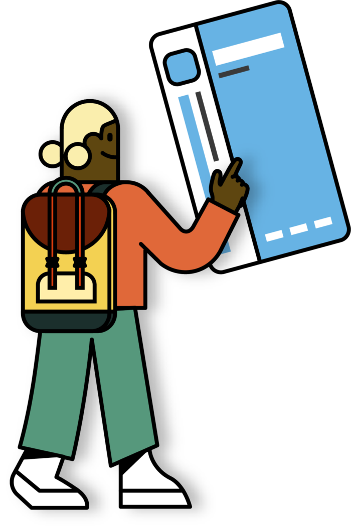 Pour représenter la rentrée et 3 idées de titres de transport : illustration représentant un personnage qui porte un cartable et montre du doigt une carte Navigo.