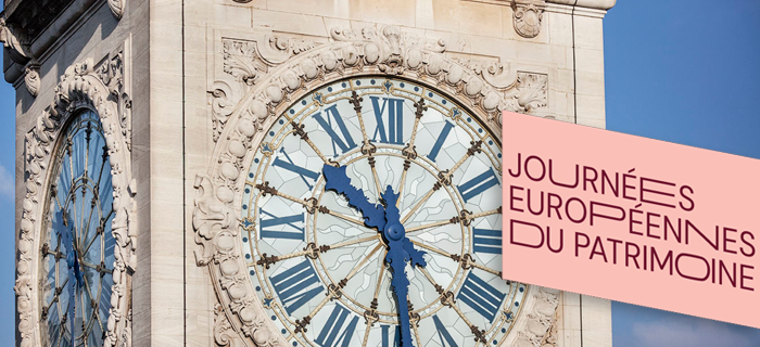 Photo d'une des façades de la Tour de l'Horloge de Paris Gare de Lyon accompagnée d'une illustration où il est écrit "Journées Européennes du Patrimoine" pour illustrer l'édition 2026.