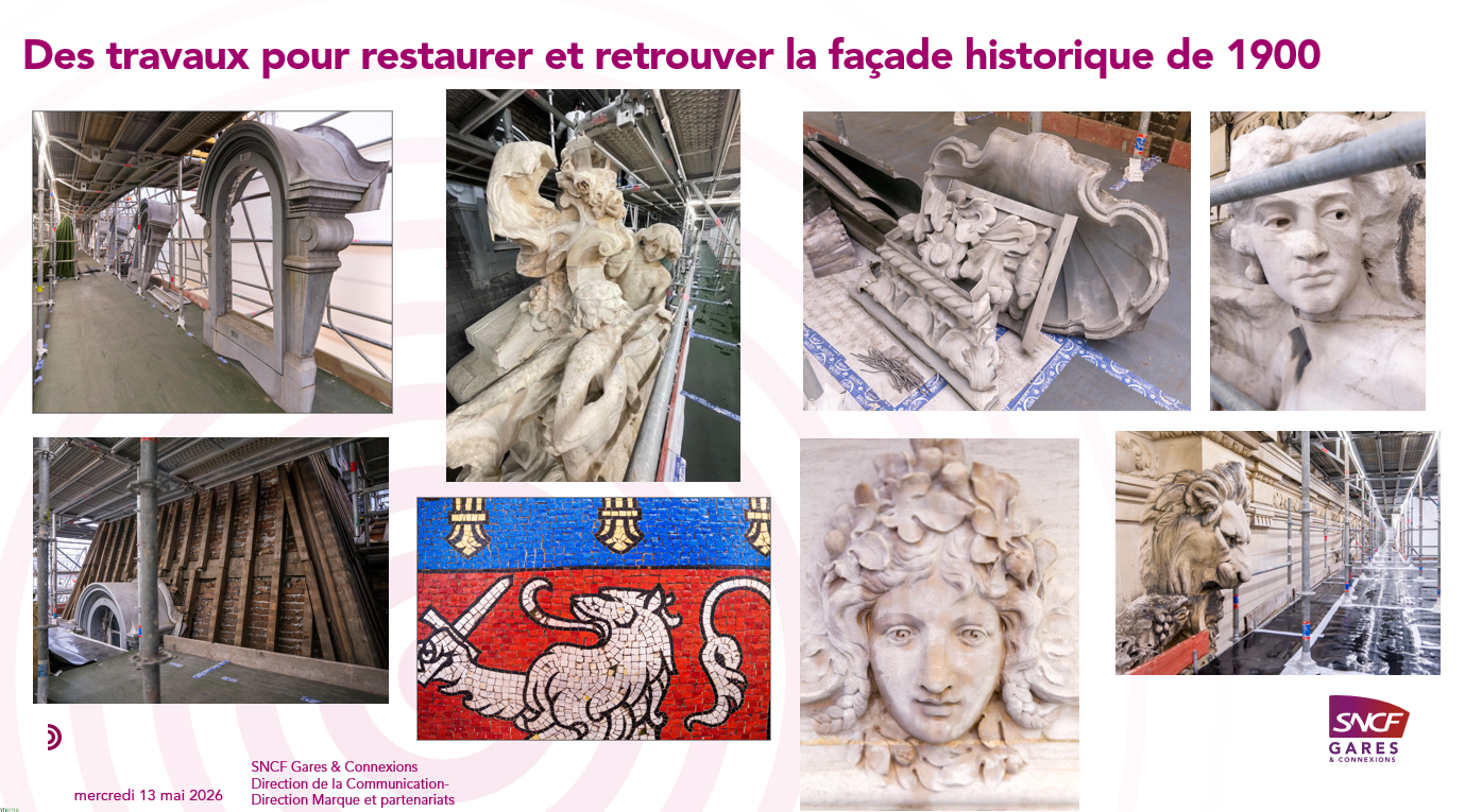 Photo des travaux sur la façade historique de Gare de Lyon, une des sorties accessibles à l'occasion des Journées Européennes du Patrimoine 2026.